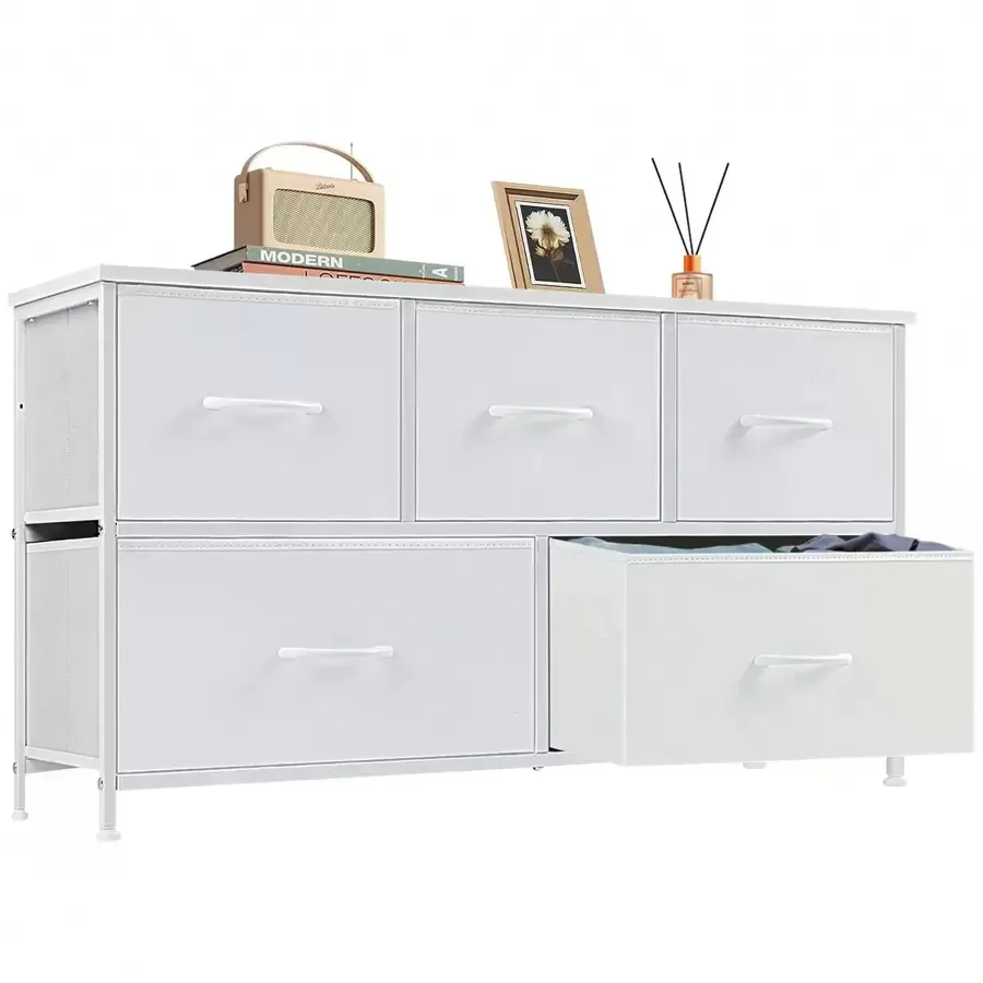 5 Dresser Chest Bedroom, Metal Frame And Wood Top For TV Stand Up To 40 Inch With Fabric Storage Drawer Units For Living Room