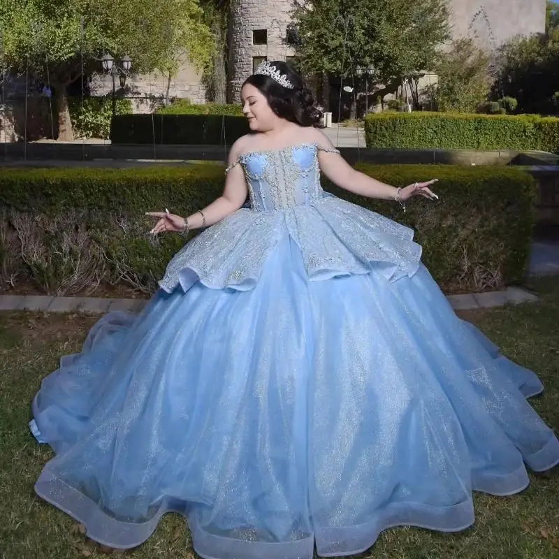 

Sky Blue Shiny Princess Quinceanera Dresses Off the Shoulder Ball Gown Sweet 16 Dress Beads Sequin Appliques Lace Tull Party