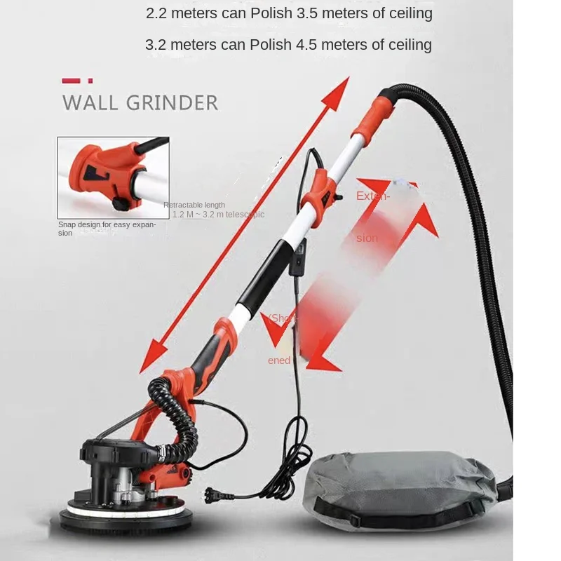 Dual LED Light Máquina De Polimento De Parede, Drywall Sander, Putty Disco Sander, Moagem De Parede, 1550W, 220V, 2.2M, 3.2M