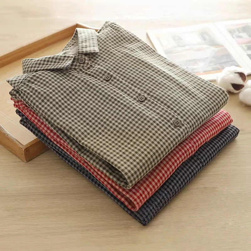2026 Mori girl style red black checkered shirts and blouses for women spring Japan fashion cotton yarn vintage long sleeve tops