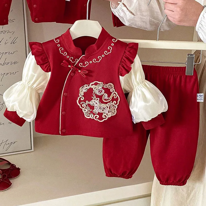 

Комплекты из 2 предметов, весенняя одежда для маленьких девочек, красные сетчатые хлопковые топы с длинными рукавами и вышивкой в ​​китайском стиле на Новый год + брюки, товары для новорожденных B368