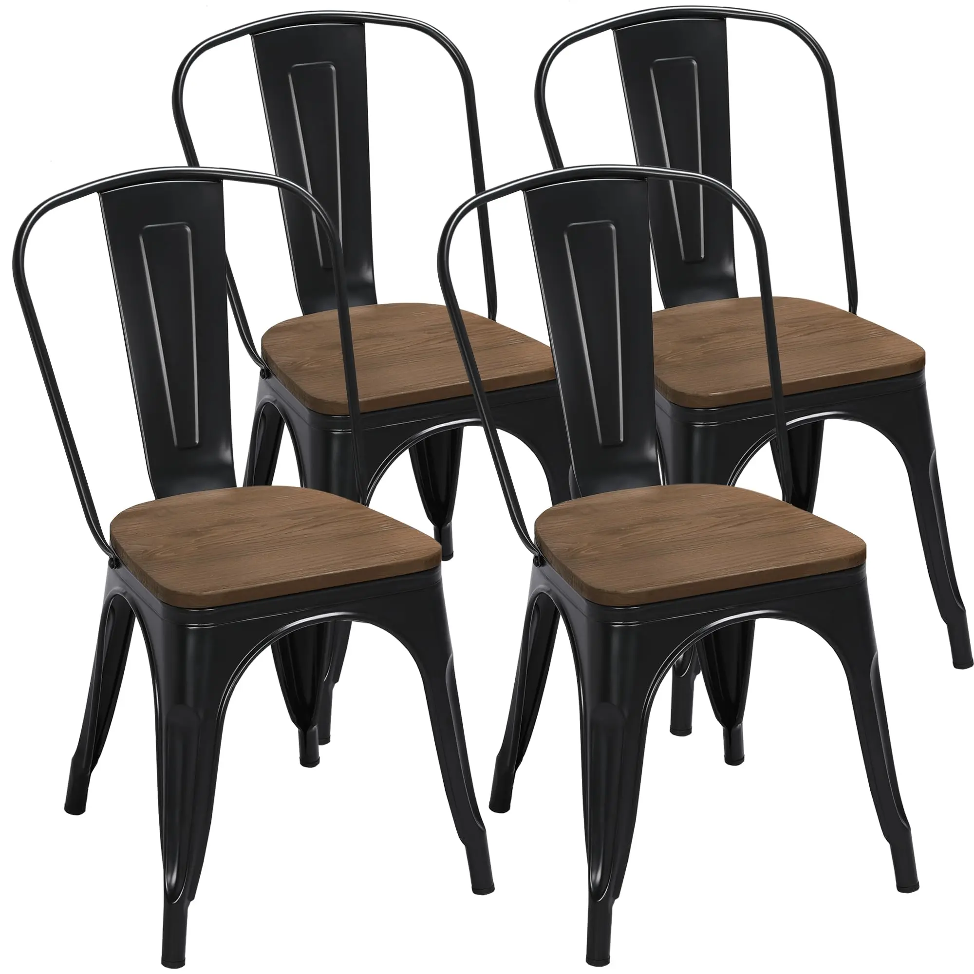 Metal Dining Chairs Set of 4, Stackable Chairs Wooden Seat, Black