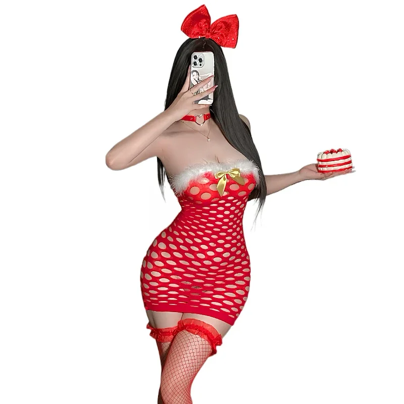 Christmas Sexy Big Mesh Hollow Hip Covering Skirt Tempting Red Breast Wrapped New Year Net Dress Xxx Women's Nightgown Clothing image 4