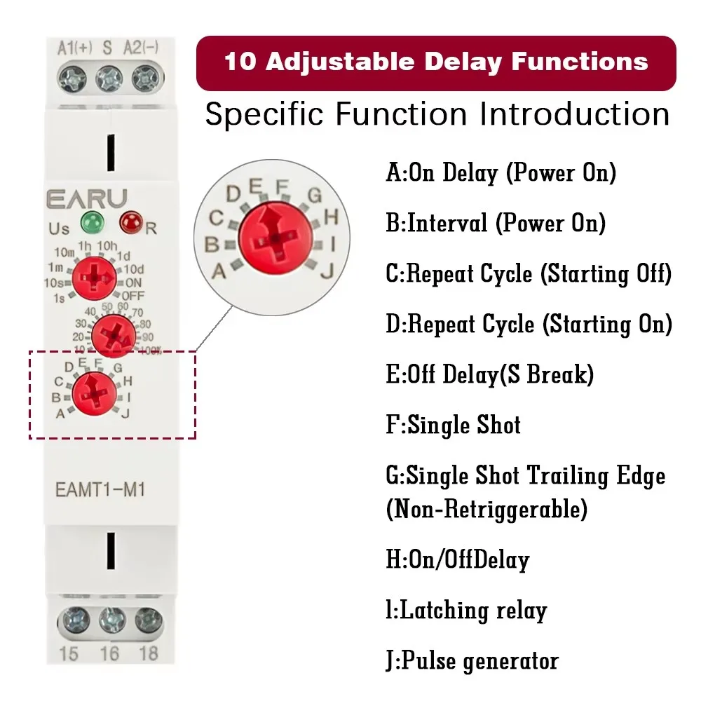 1PCS 16A Multifunction Type 0.1 Second -10 Days Timer Relay with 10 Function Choices AC DC 12V-240V 250VAC Time Relay Din Rail