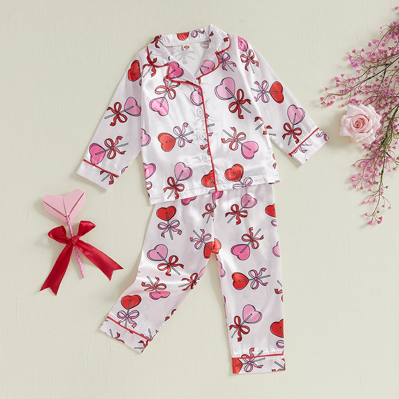 Kids Girls Valentine's Day Printed Pajamas Set Sweet Heart Print Long Sleeve Tops and Elastic Band Pants 2Piece Child Loungewear