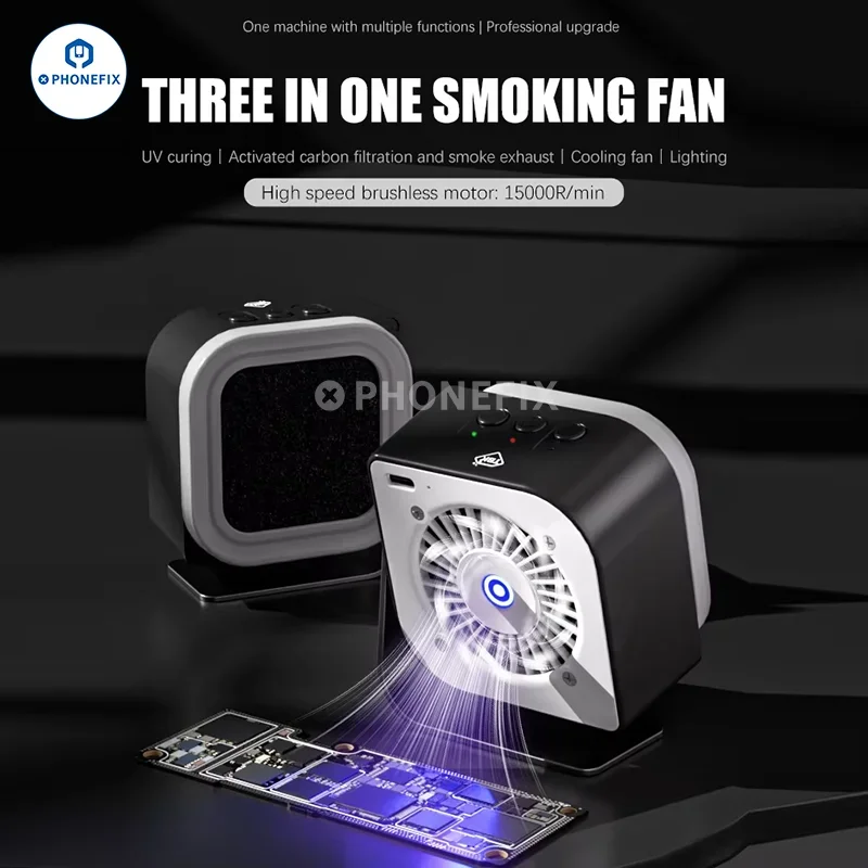 TBK F001 Portable Smoking Extracting Fan UV Curing Smoke Exhaust Liginting Lamp Cooling 3 in 1 Fan for Phone PCB Welding Repair