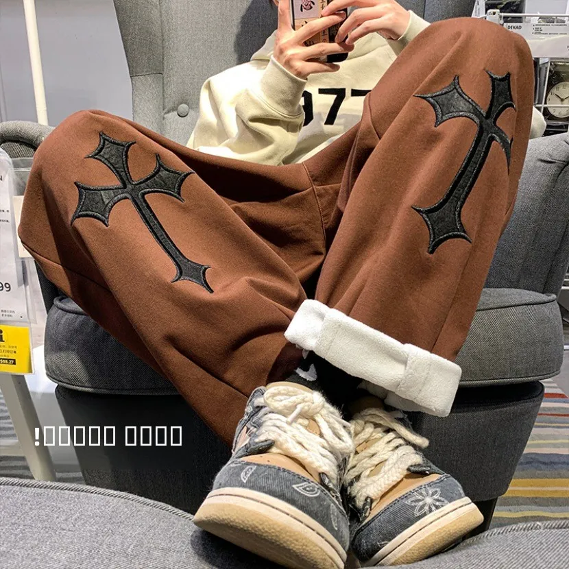 

Thiened Fce Warmth Men's Winter Casual Pants Loose Wide Leg Sweatpants Cross Print Casual Trousers American Sle Loose Fit