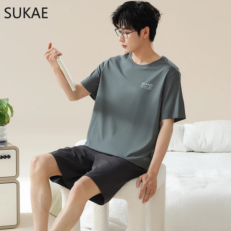 SUKAE Summer Men Sleepwear Cotton Pajamas Set Short Sleeves Shorts Nightwear for Boy L-3XL Young Man Pijamas Pullover Homesuits