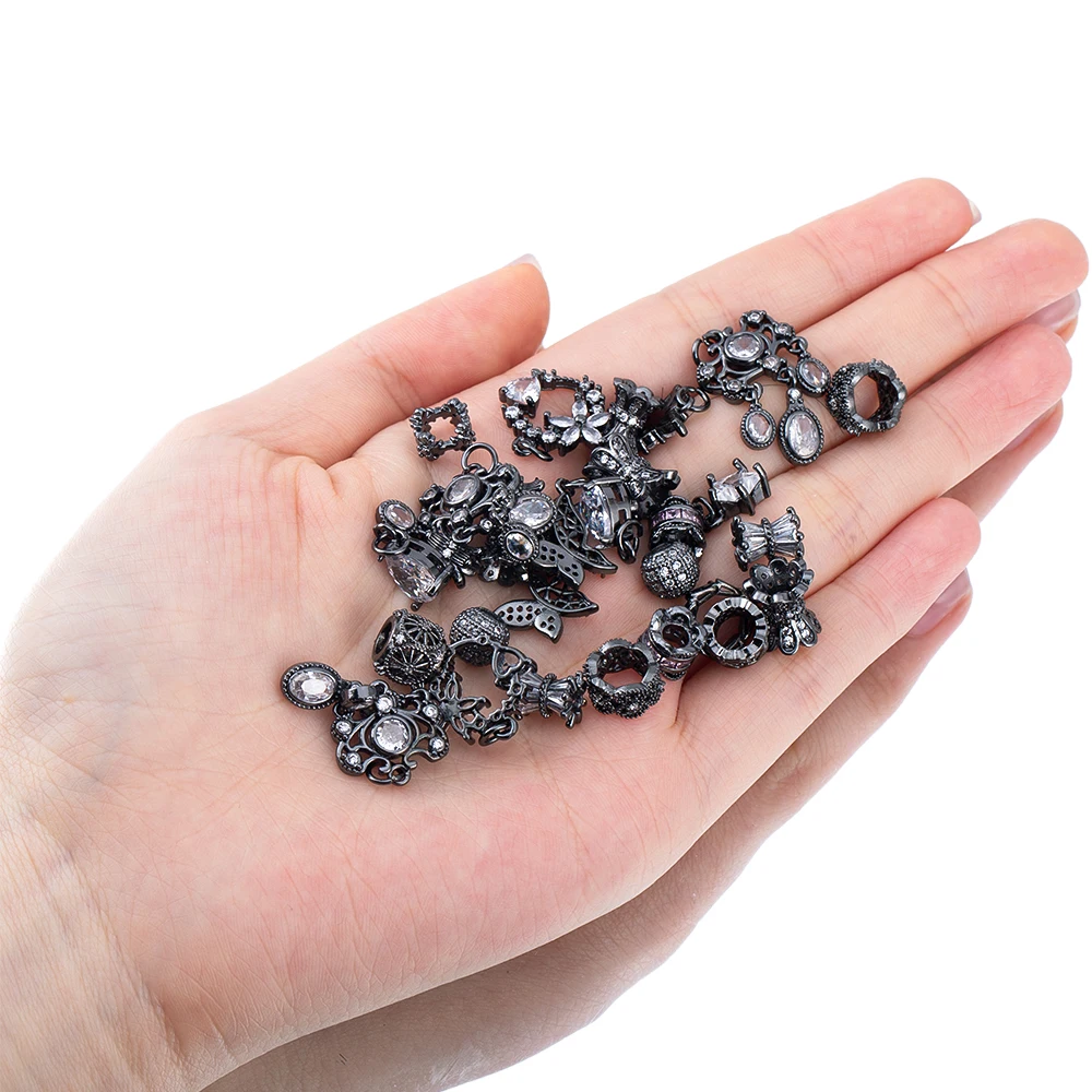 1PC New Copper Plated Gun Black Zircon Inlaid Color Preserving Pendants with Hollow Large Hole Beads For DIY Jewelry Accessories view 3