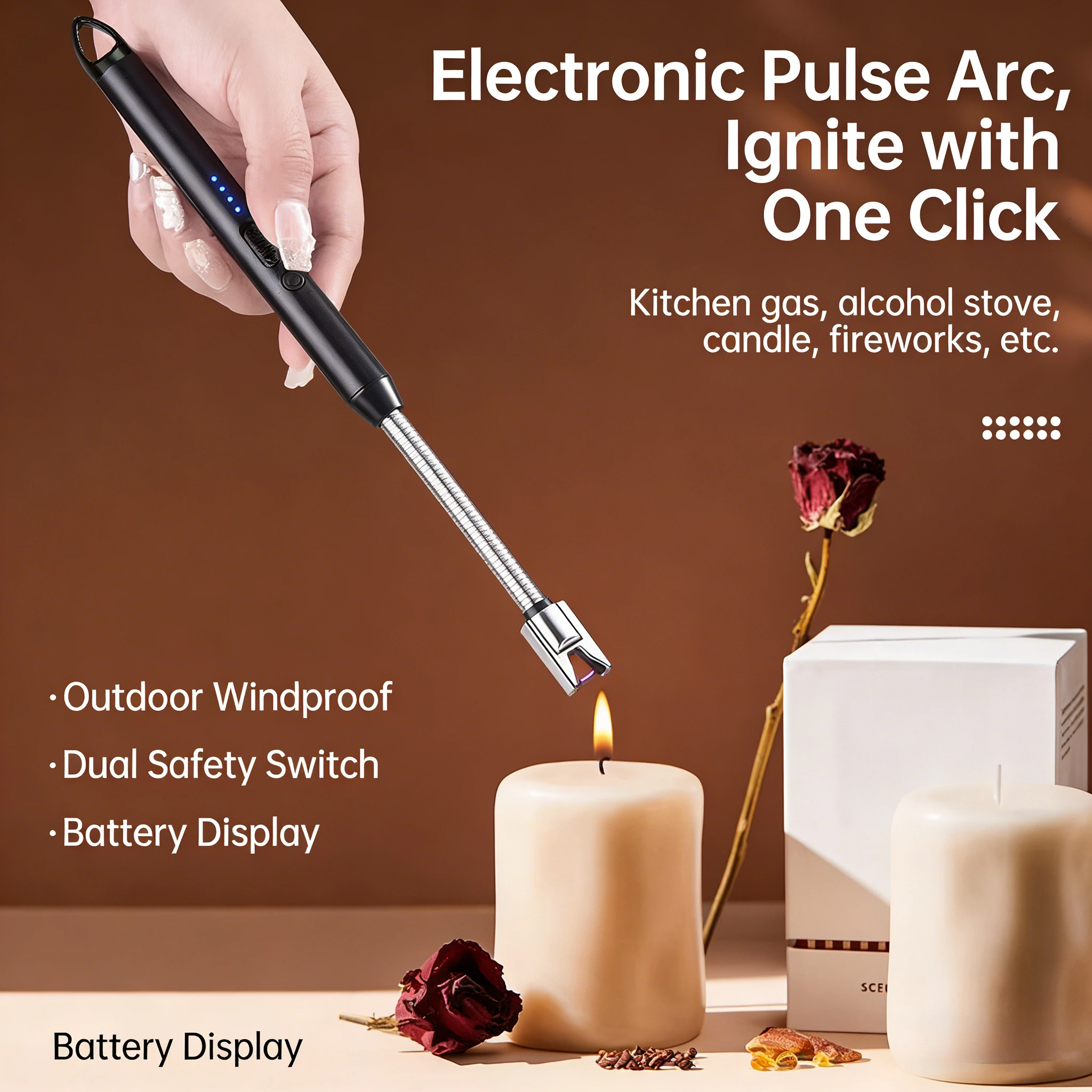 

Flexible Neck Arc Lighter, USB Rechargeable, Windproof, Candle Lighter, Stove、BBQ Lighter, Safety Lock, Battery Indicator