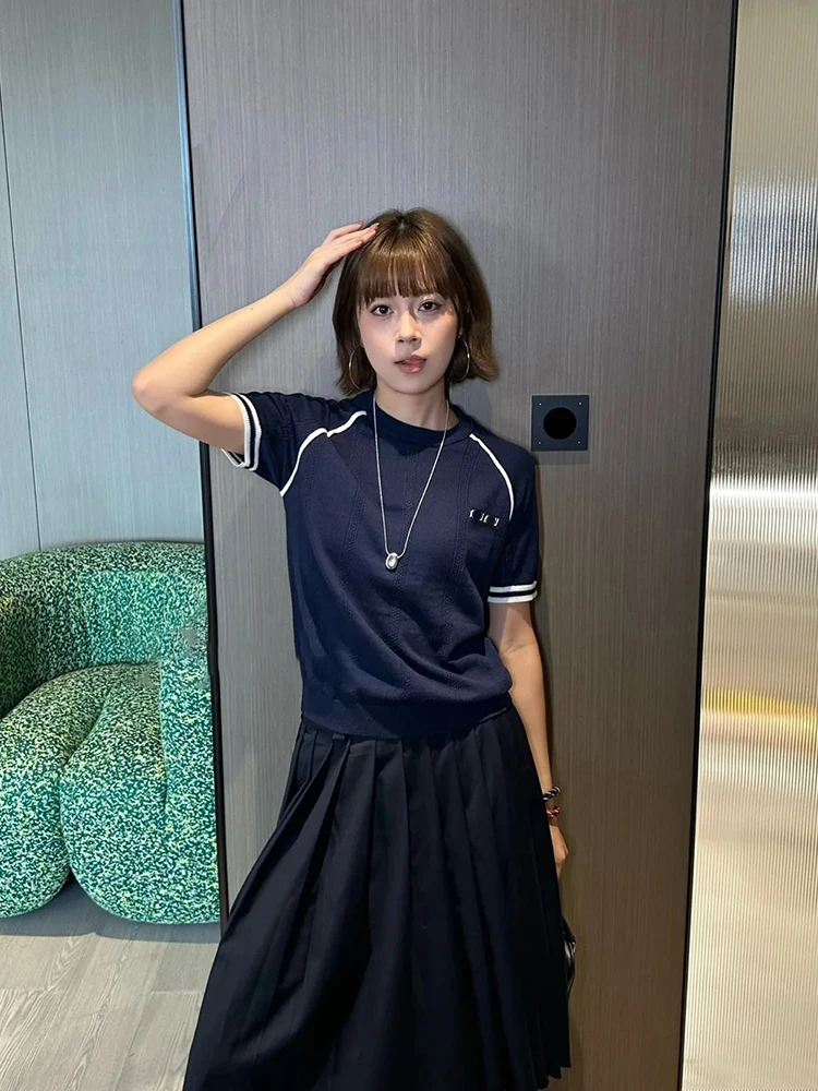 

Miu Sle Letter round Ne Hollow out Трикотажная футболка ort Sve Женский облегающий топ для поездок на работу Простой дизайн с высокой талией