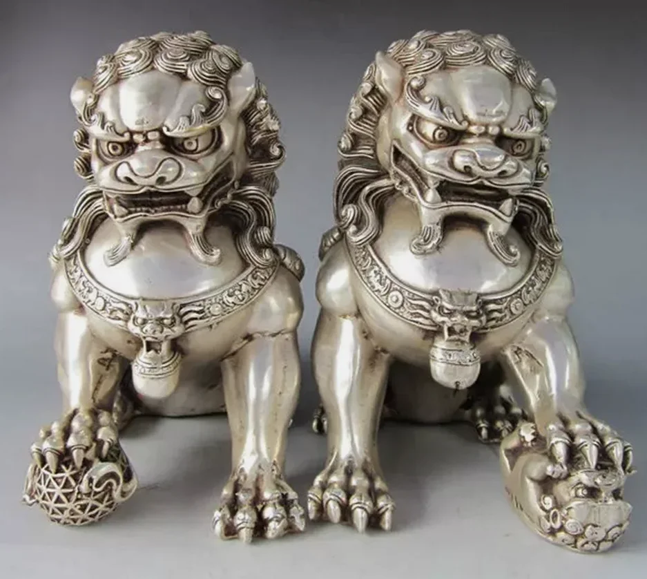 8inch Lions Big Tibet silver bronze Fu Foo Dog dogs Guardian lion Statue Pair