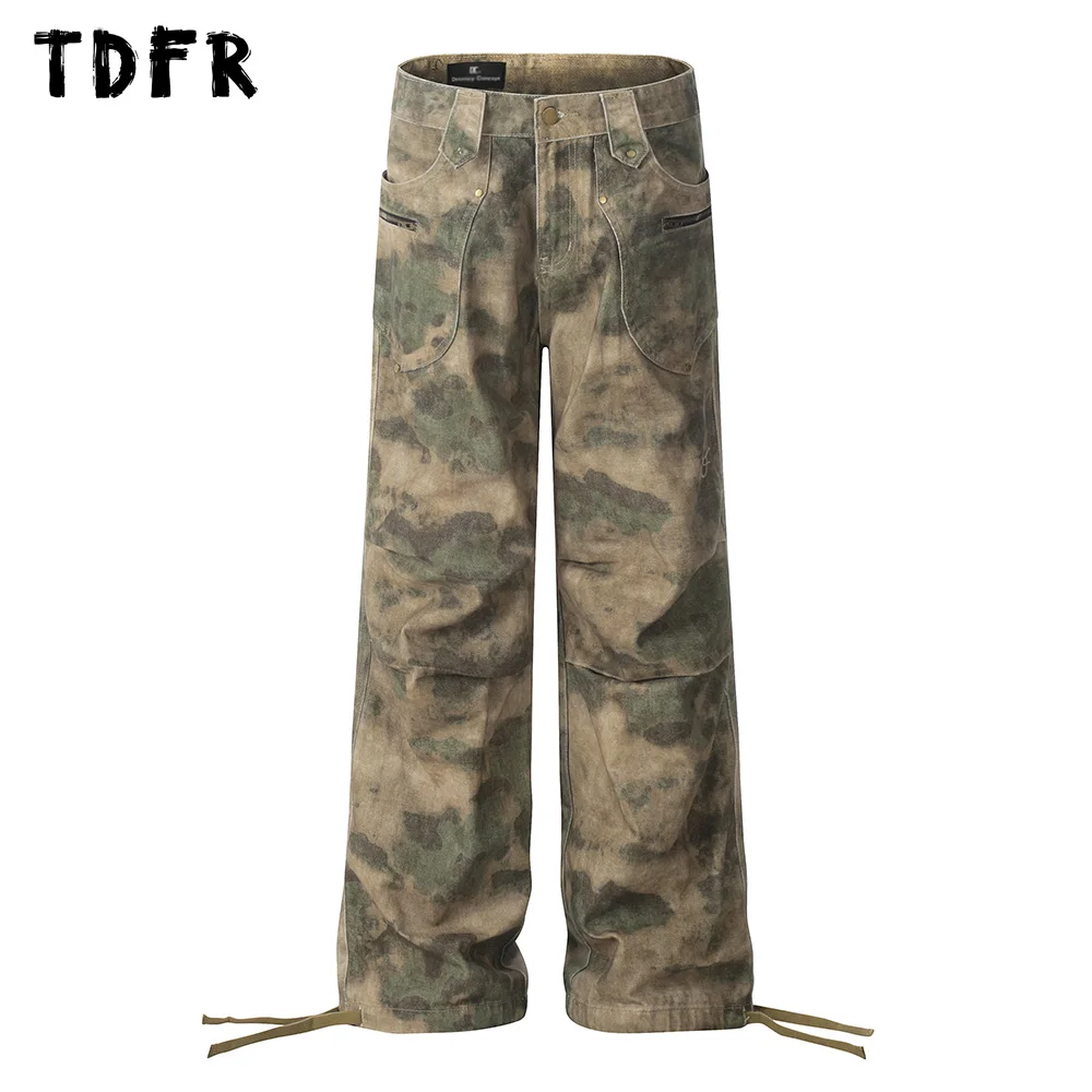 Camouflage Cargo Joggers Pants Mens Knitted Spliced Safari Style Loose Wide Leg Cargo Pants Men Trousers