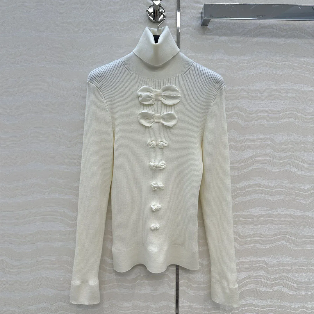 New Autumn Fashion Bow Decoration Slim Wool Knitted Pullover Women Turtleneck Long Sleeve Solid Color Preppy Style Sweet Sweater