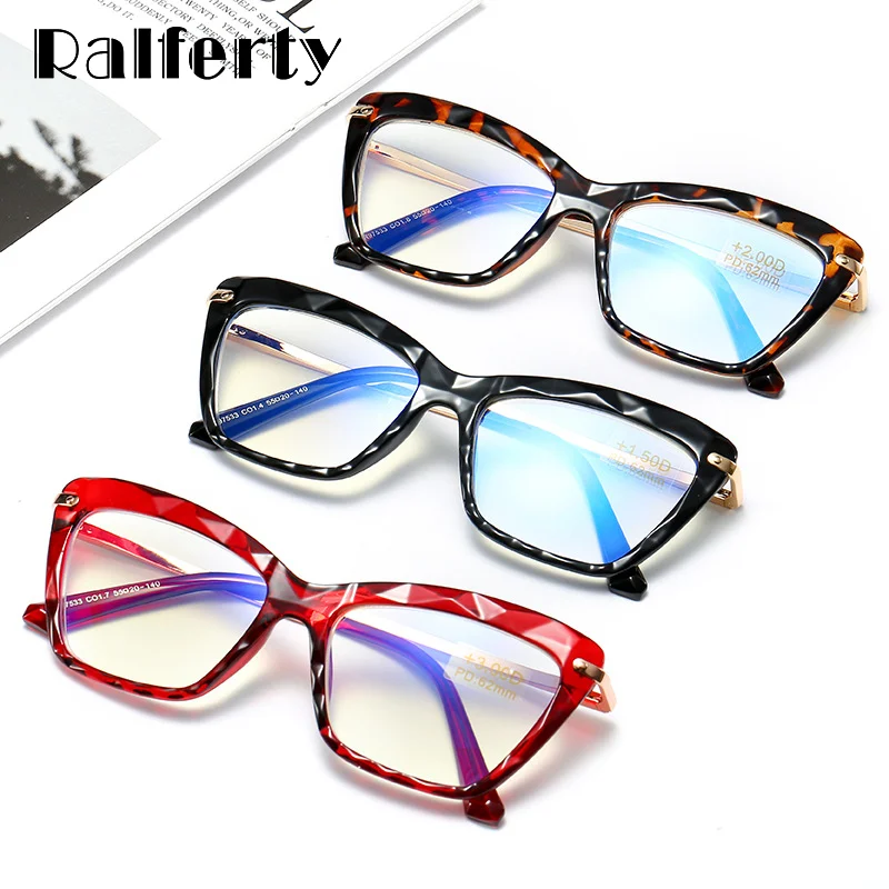 Ralferty 2025 Block Blue Light Reading Glasses Women Cat Eye Glasses Frame Clear Presbyopic Hyperopia Glases Grade +2.0 1.25 0
