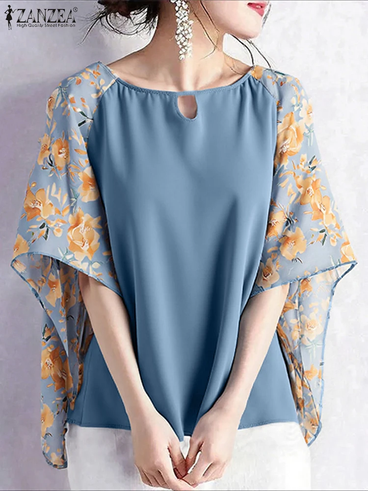 

ZANZEA, элегантная лоскутная блузка, женские винтажные топы с рукавами «летучая мышь», 2025 г., модная туника с цветочным принтом, повседневная свободная блузка с круглым вырезом