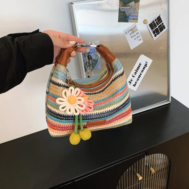 Bag Women's Summer Trend New Rainbow Stripe Woven Portable Dumpling Bag Fashion Versatile One Shoulder Crossbody Women's Bag