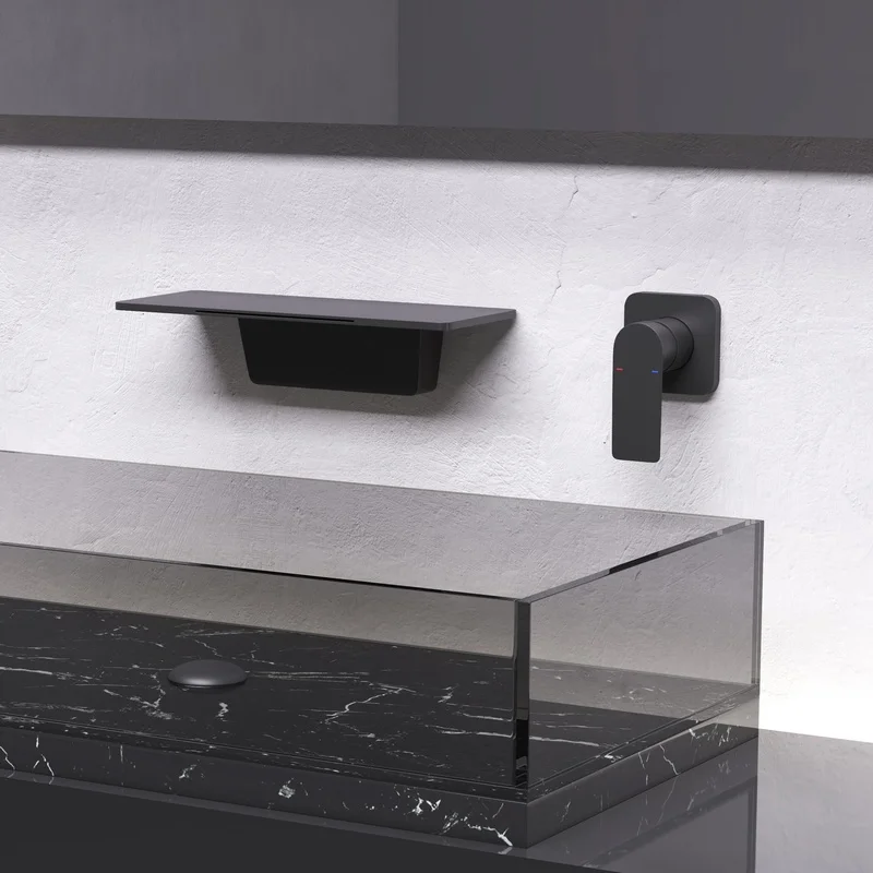 

Modern Wall-Mounted Bathroom Sink Faucet with Single Handle, Matte Black Finish, Water Saving Design