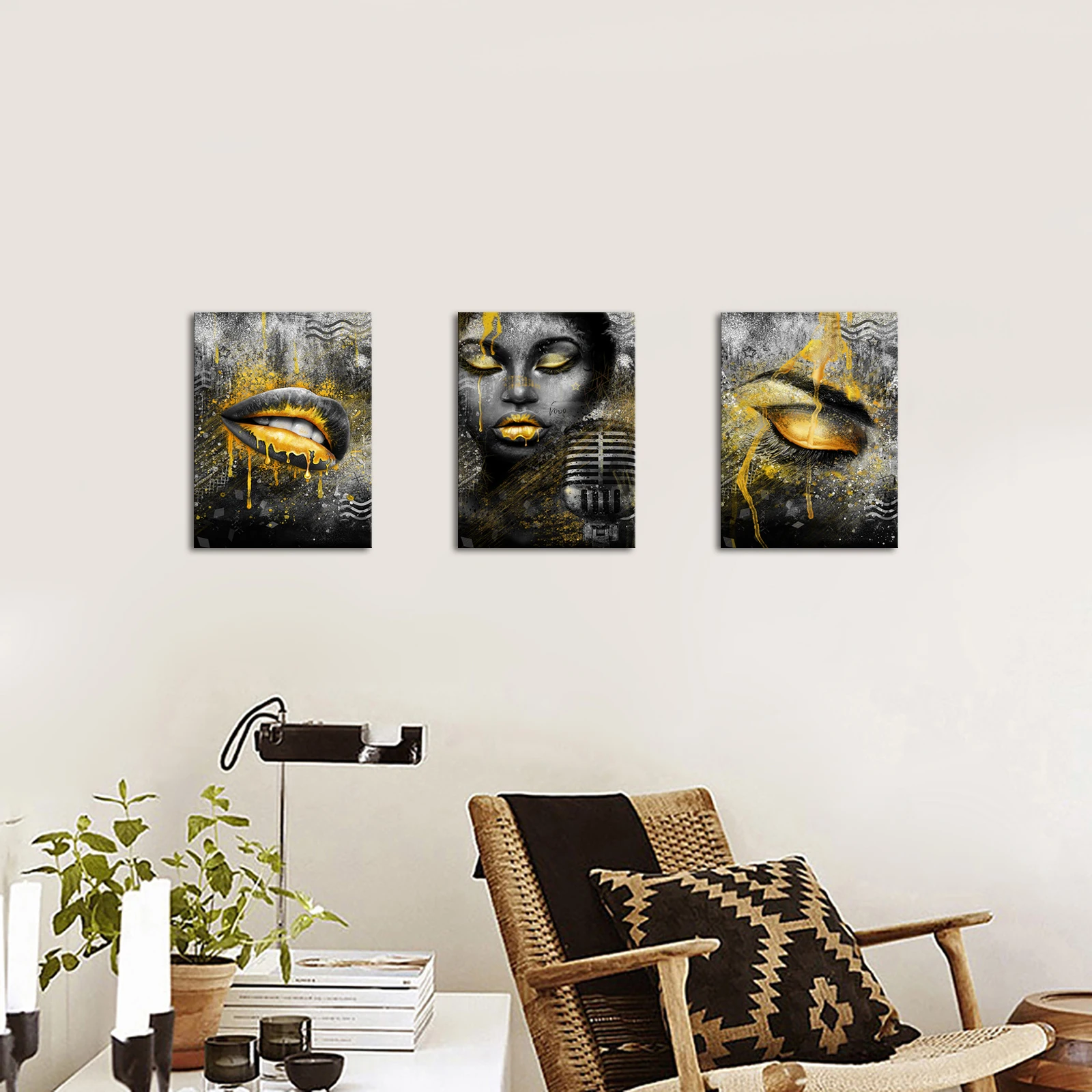 3 Pieces Beautiful Lady Wall Art Canvas Painting Yellow Pigment Print Poster Modern Style Picture Living Room Home Decor