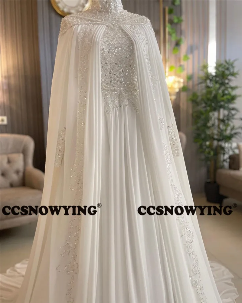 Chiffon lantejoulas pérolas vestido de casamento muçulmano com cabo manga longa hijab vestidos de noiva islâmico alta pescoço árabe robe de mariée