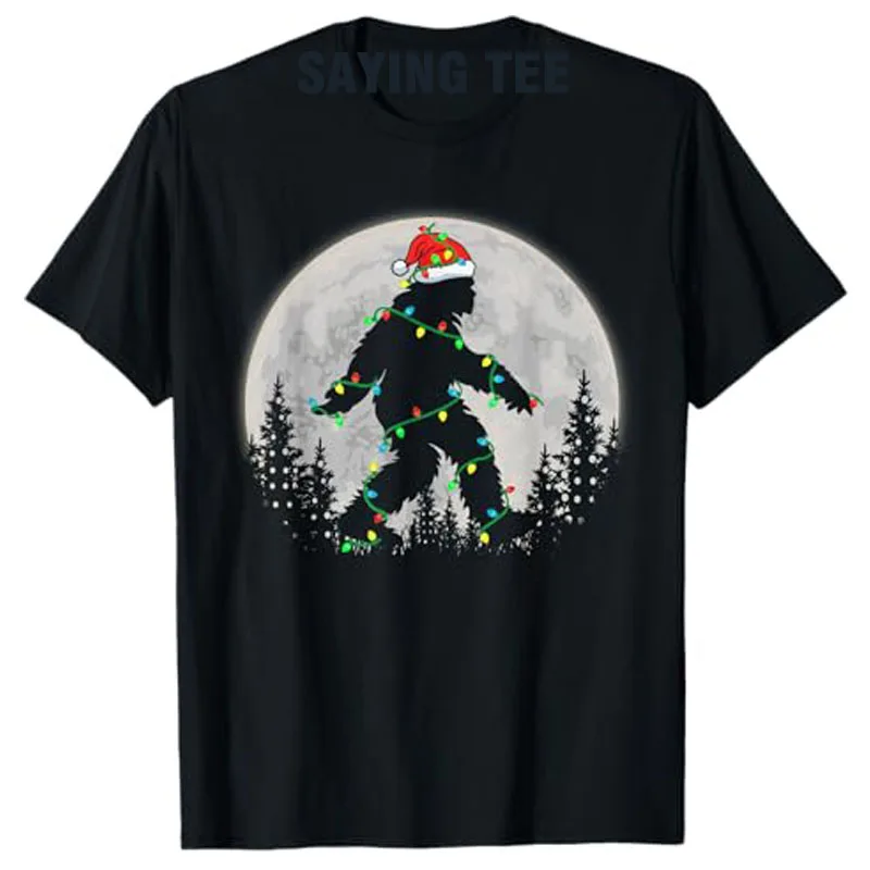 Bigfoot Santa Christmas Tree Lights Funny Xmas Sasquatch T-Shirt Gifts Men's Fashion Family Pajamas Graphic Outfit Saying Tee