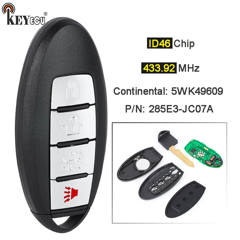 KEYECU 433.92MHz PCF7952A/ ID46 Chip 5WK49609 285E3-JC07A Keykess Remote Key Fob 3+1 4 Button for Nissan Maxima 2008-2015