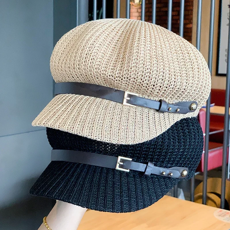 Octagonal Cap Straw Women Summer Thin Newsboy Cap Painter Adjustable Rope Knitted Beret Mesh Breathable Beach Straw Hat