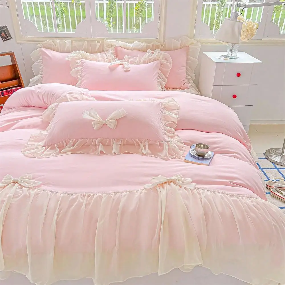 MOOWOO Chic Lace Bow Comforter Set For Women Ruffled Bedding Collection With Pillowcases Home Elegance,Pink