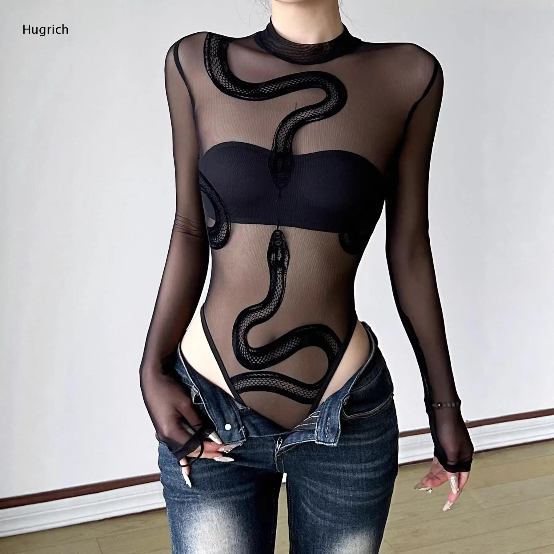 Women's Slim Mesh Bodysuit Long Sleeve Stand Neck Snake Pattern Embroidery See Through Black Top for Party Daily Street Outfits
