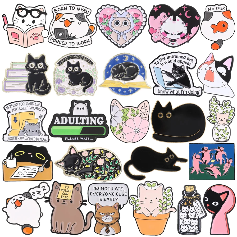 Cartoon Cute Cat Enamel Brooch Lapel Pin Book Heart Flower Computer Black Cat Bottle Cup Fun Metal Badge Jewelry Gift For Friend