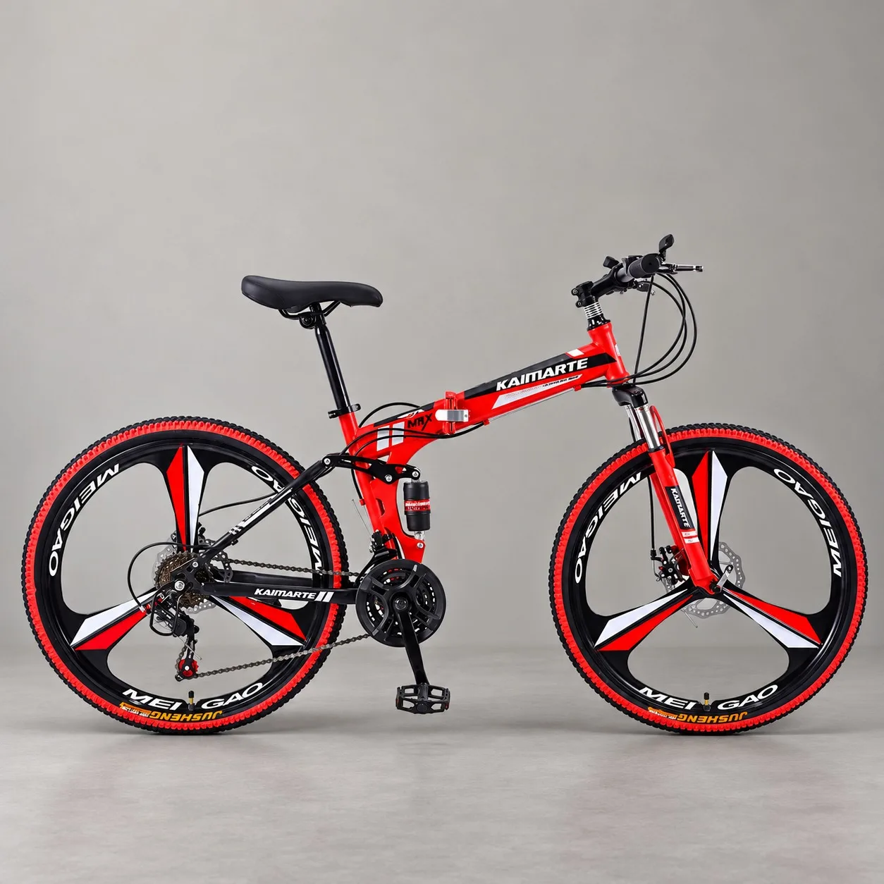 24 Inch Red 3-Spoke Wheel Folding Mountain Bike Dual Shock Absorption Disc Brake City Comfortable Student Bicycle Variable Speed