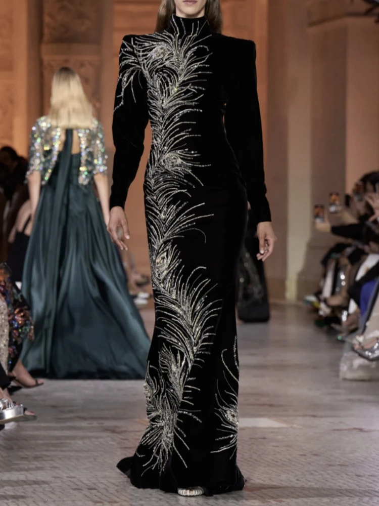 Sexy manga longa diamantes frisado bandage vestido feminino preto o pescoço strass bodycon vestidos de festa à noite vestidos de cocktail