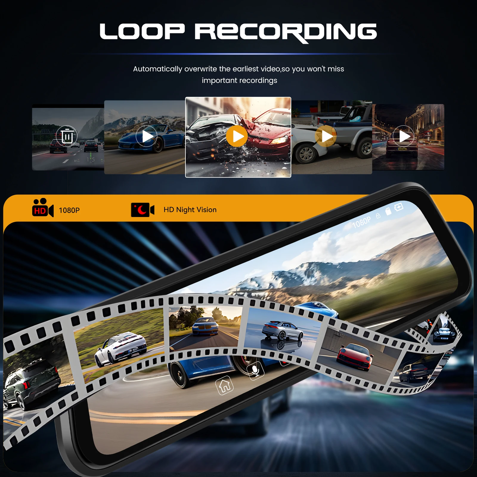 Podofo 9,66'' Dashcam 1080P Dual-Objektiv Auto-DVR Mehrsprachiger Auto-Videorekorder mit 480P Rückfahrkamera 150° ° Breiter Betrachtungswinkel – Detail 2