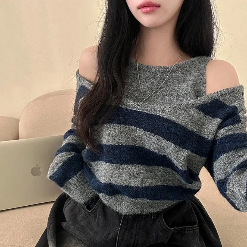 Chic Design Sense Patchwork a righe Colore Blo Casual Sle Maglione da donna Falso in due pezzi Versatile Lazy Match Autunno Inverno...