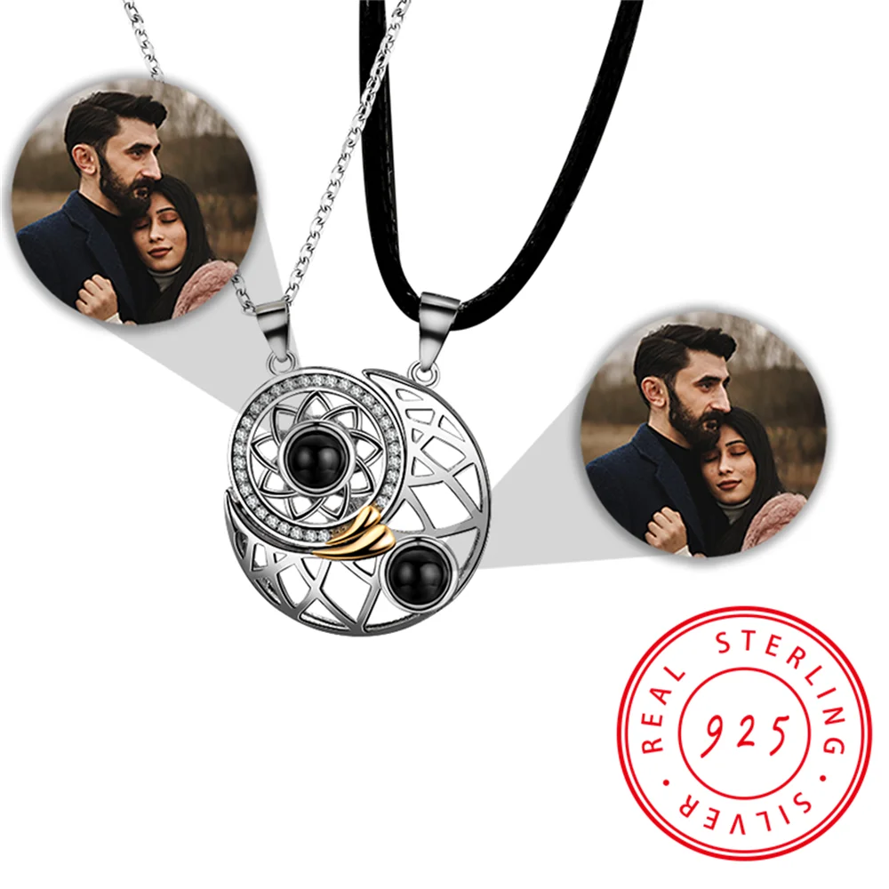 925 Silver Custom Photo Projection Necklace Sun Moon Couple Pendant for Men's Choker Vintage Man Jewelry 2022 for Women Gifts