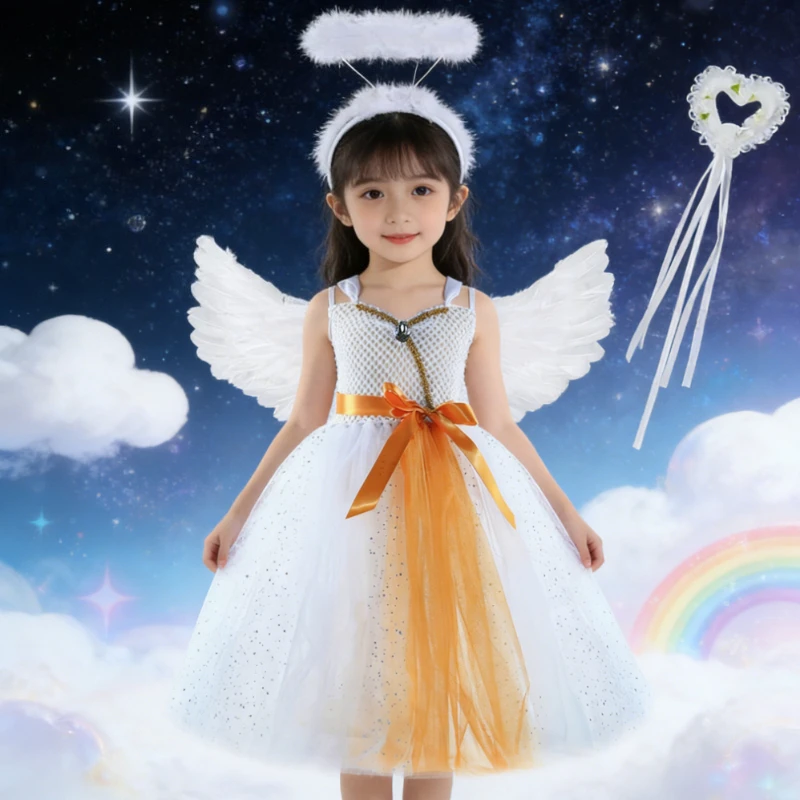 

Silver Sparkles Gold White Angel Costumes for Girls Party Ball Gown Kids Christmas New Years Long Tutu Dress with Feathers Wings