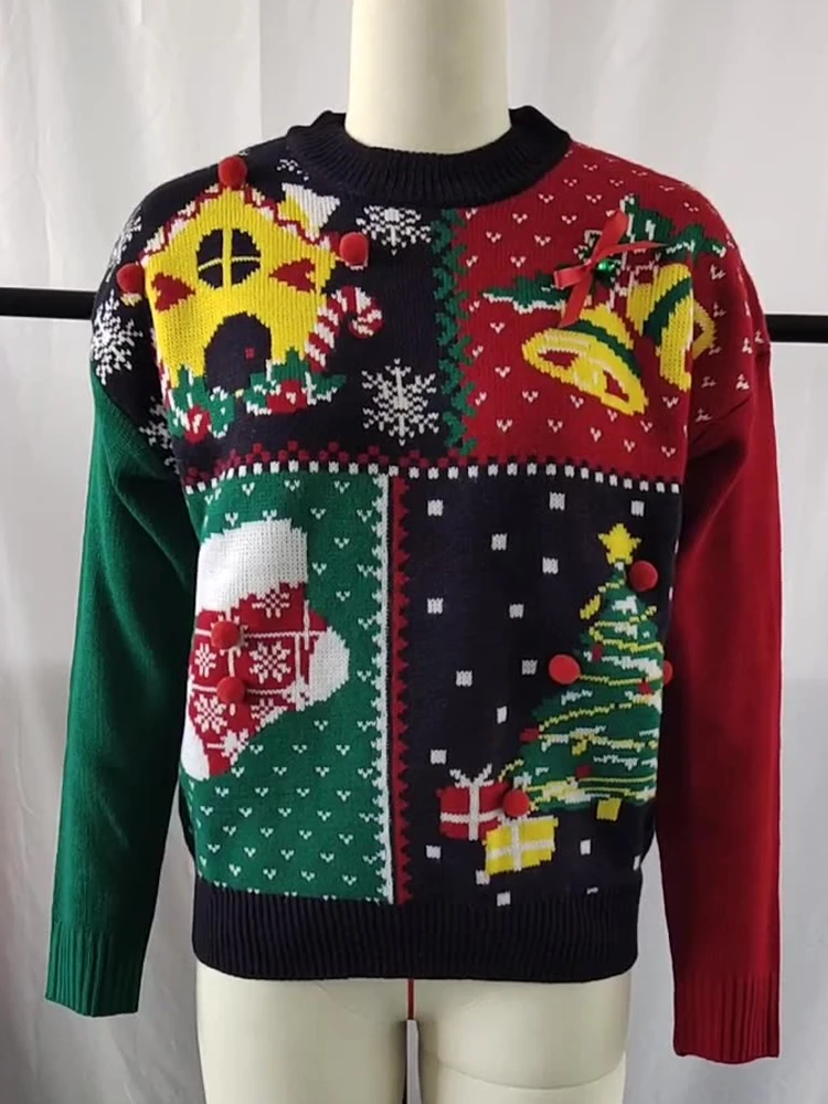 2025年クリスマスセーター　アグリーセーター　レディース　クリスマスツリー　ベル　カラーブロック　ルーズプルオーバー　トップス　ジャンパー　秋冬　カジュアル　39942
