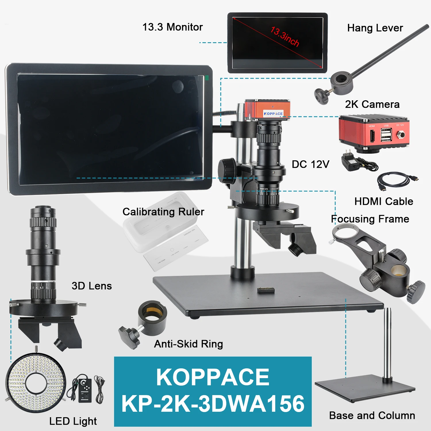 KOPPACE 2D/3D Measure Microscope 360 Degrees Rotation Lens 12X-105X 2K HD Camera Support Photo and Video 13.3-inch Display