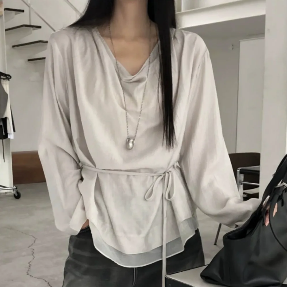 Ele Waist-Cinching irt Loose Fit Polyester Fiber Long Sve Women's Top Lazy Sle Bow-Tied Faionable Top