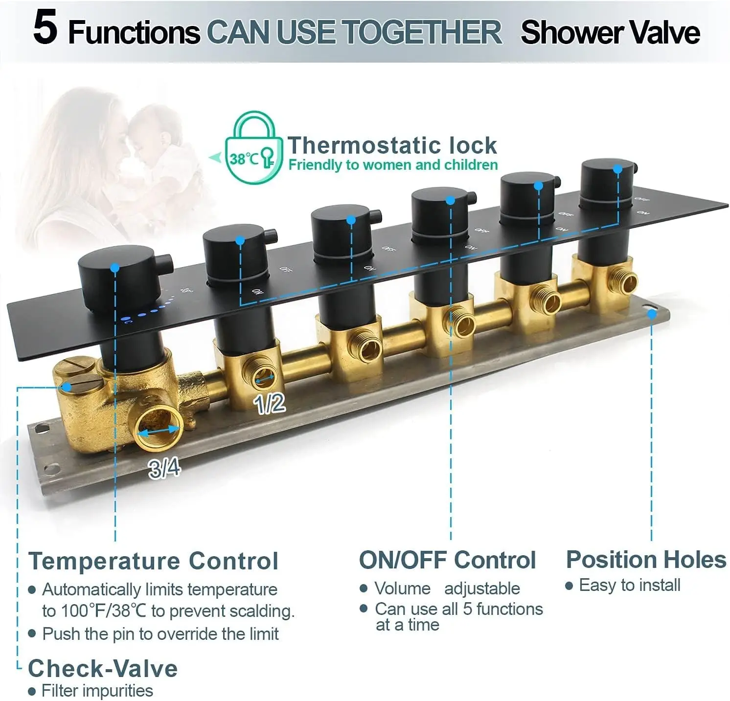 5 Way Thermostatic Brass Water Valve Black Bathroom Shower Mixing Valves with Box Packaging