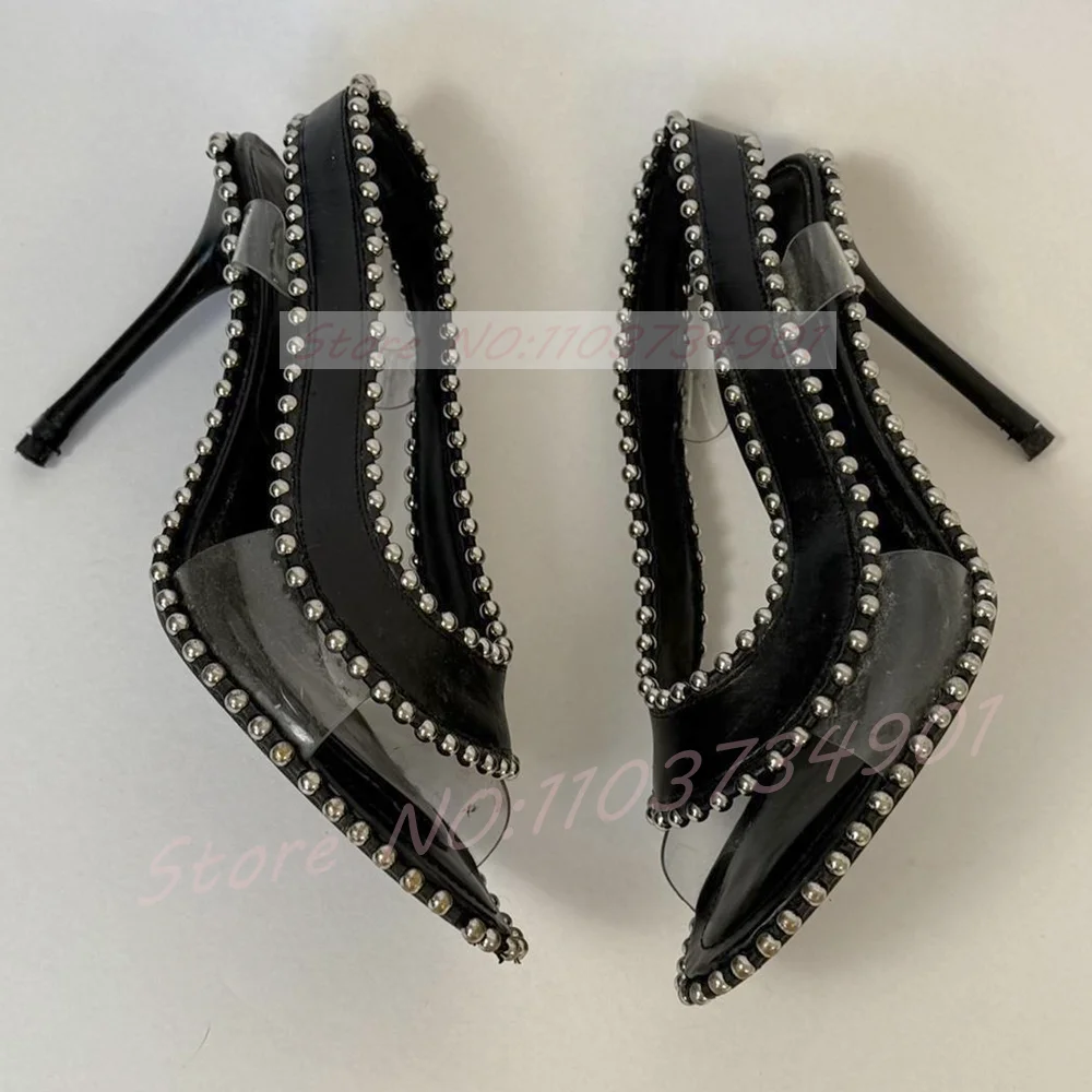 

Rivets Slingback Heels Sandals Women PVC Strap Open Toe Silver Studded Stilettos Sandals Black Leather Punk-Chic Ladies