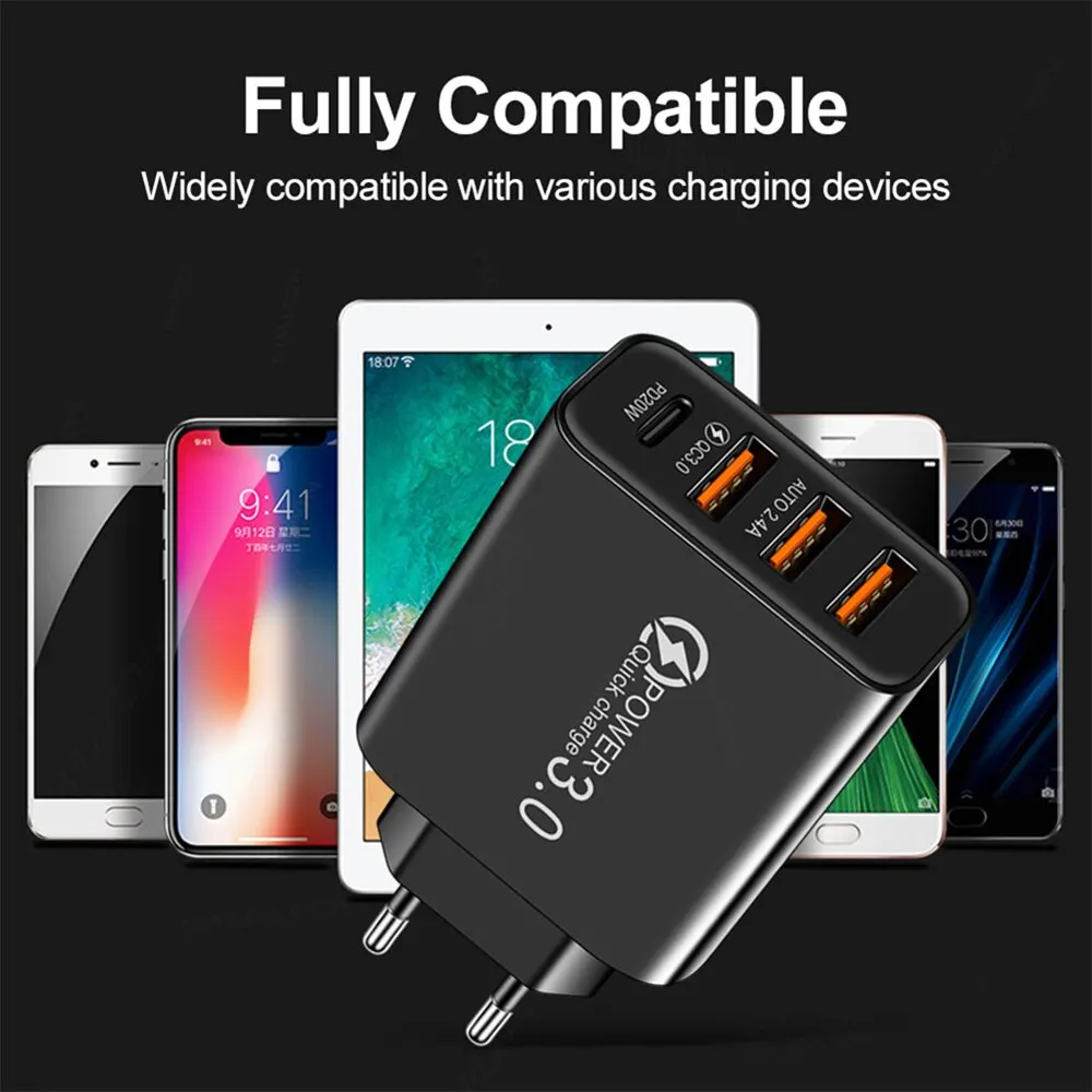 Type C USB Quick Charger 4 Ports 3.0 PD Cell Mobile Phone Power FAST Adapter For iPhone Samsung Xiaomi Black