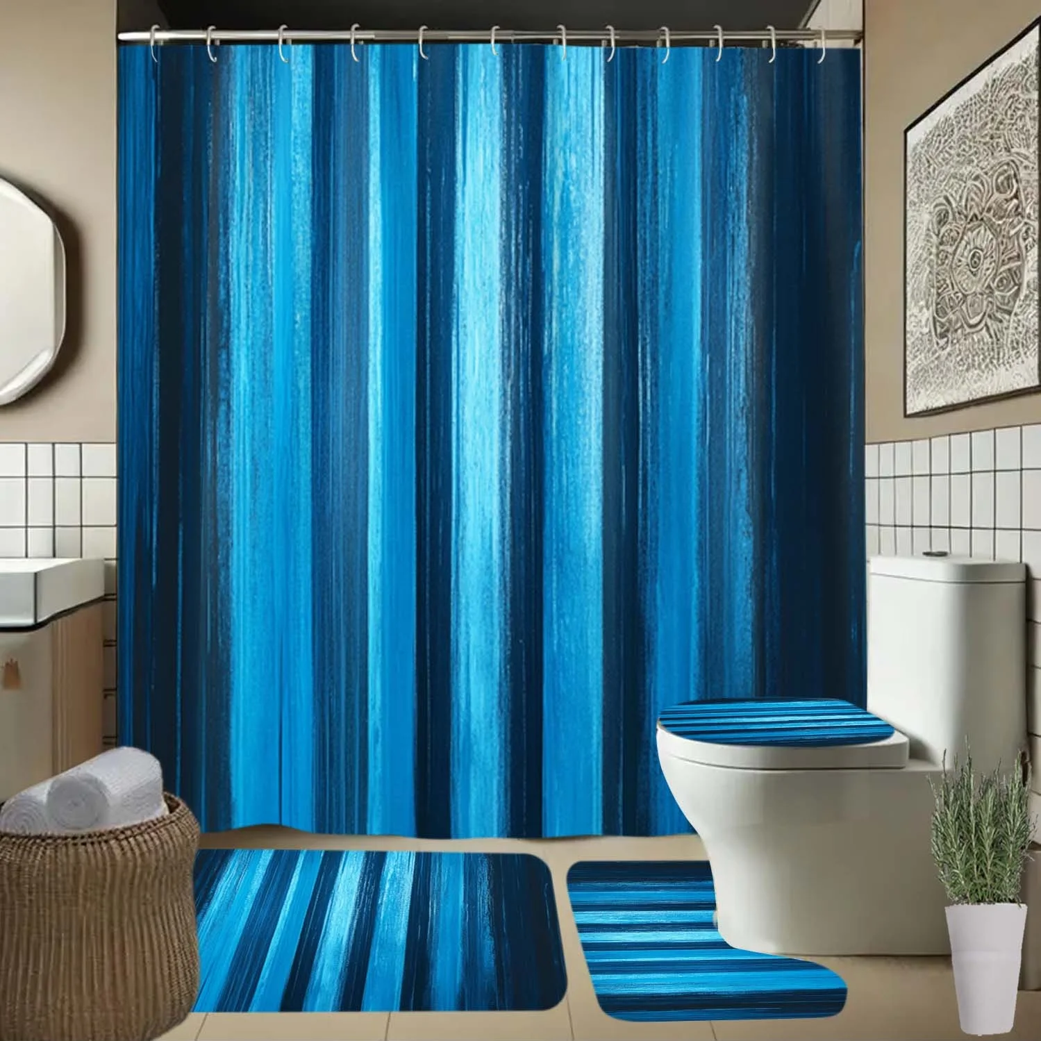 

4 шт. темно-синяя занавеска для душа с полосатым узором и крючками, занавеска для перегородки ванной комнаты, аксессуары для ванной комнаты, домашний декор