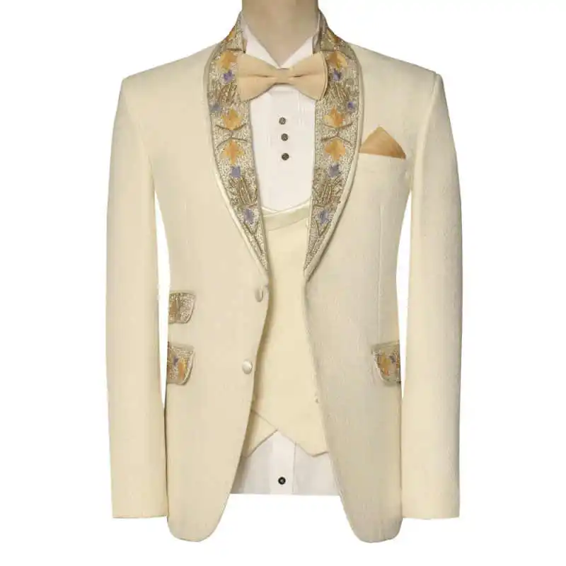 Fashion Jacquard Men Suit Business 2 Pieces Jacket Vest Embroidery Formal  Occasion Party Banquet Wedding Tuxedos Customized