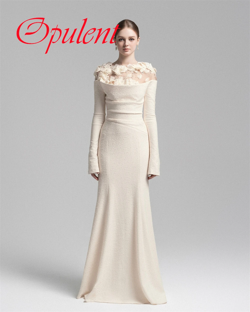 カスタマイズされた高品質の白いジャージー素材のイブニングドレス、エレガントで優雅なクルーネック、長袖のカクテルドレス、フォーマルなパーティードレス