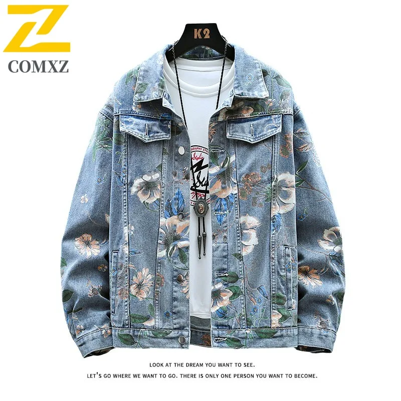 

COMXZ 2025 Mens Jacket Floral Print Camping Travel Windproof Denim Jacket Plus Size Loose Fit Turndown Collar High Fashion Coat
