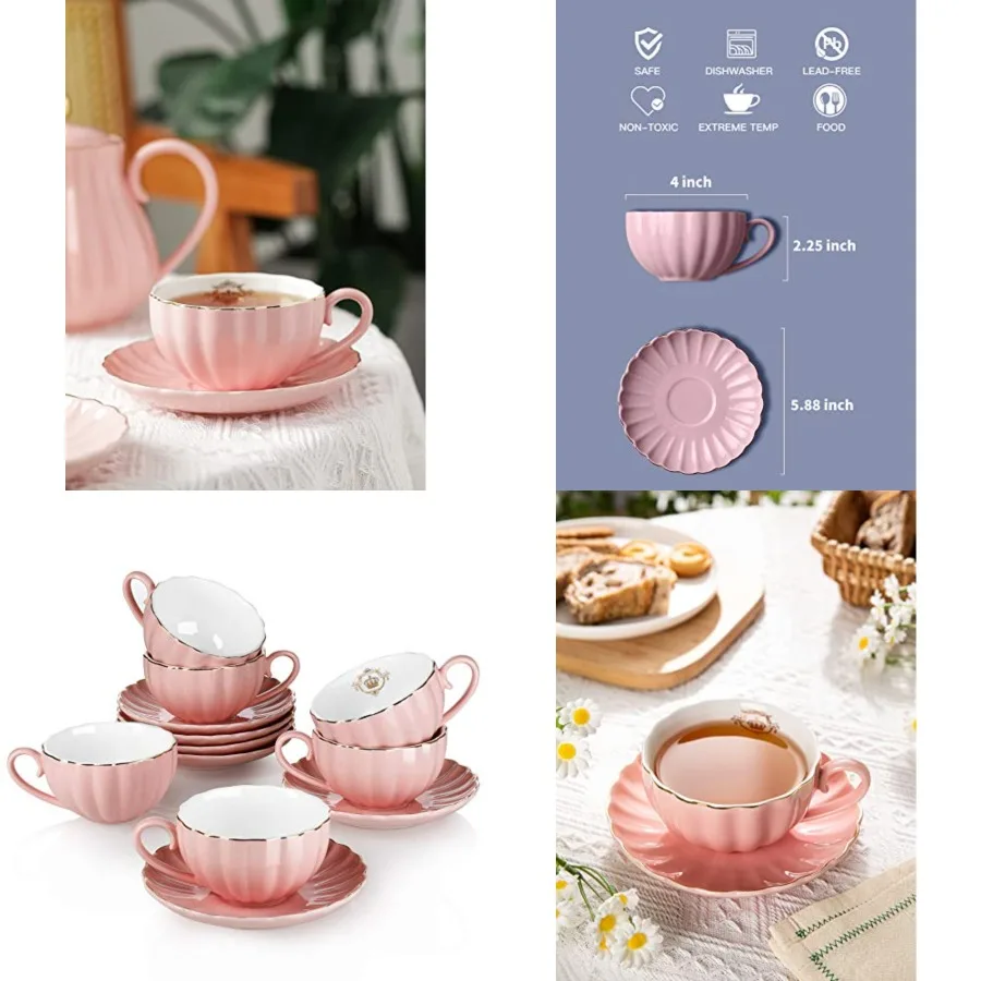 

Royal Tea Cups and Saucers, with Gold Trim and Gift Box, British Coffee Cups, Porcelain Tea Set, Set of 6 8 oz