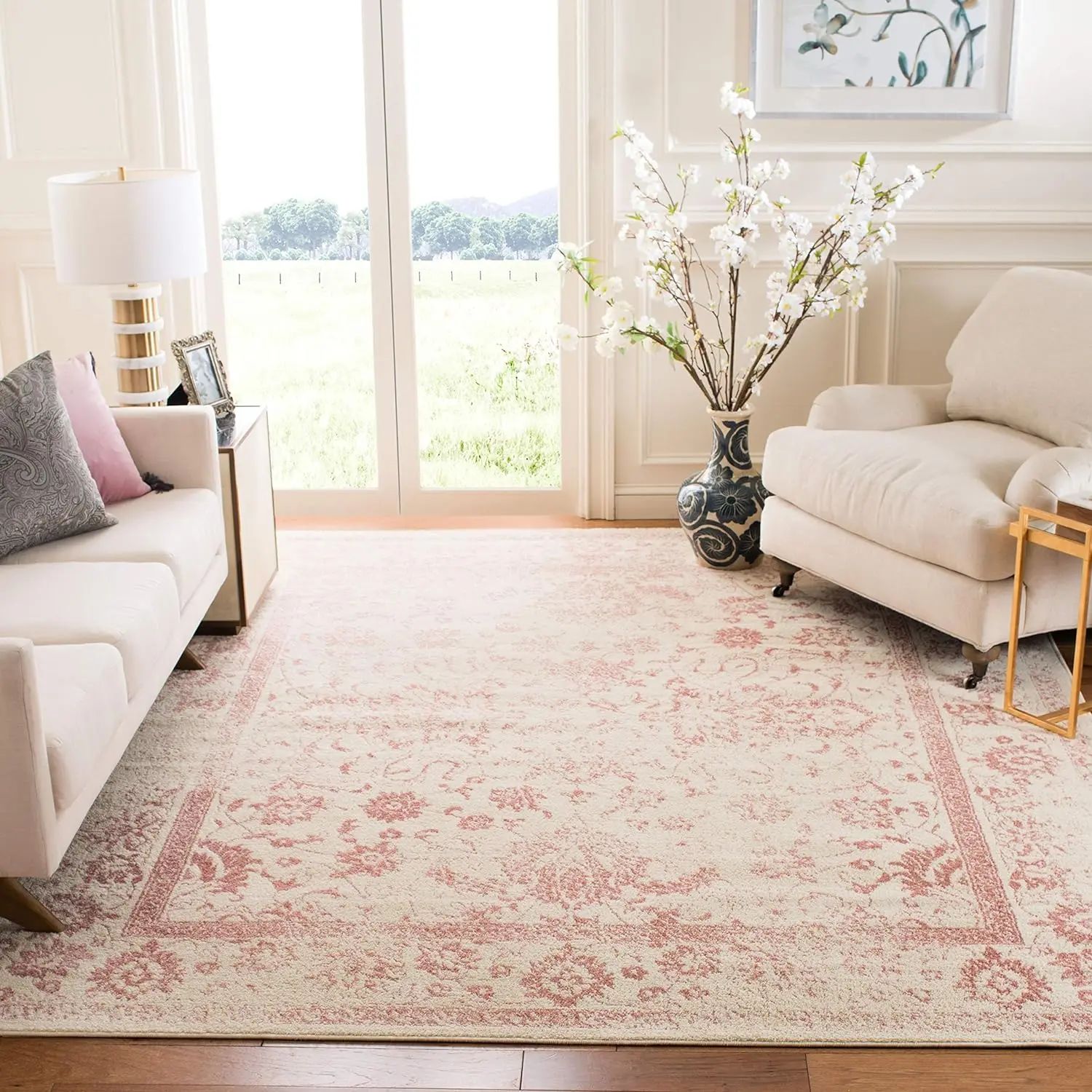 

Adirondack Collection Area Rug Ivory & Rose, Oriental Non-Shedding & Easy Care, Ideal for High Traffic Areas in Living