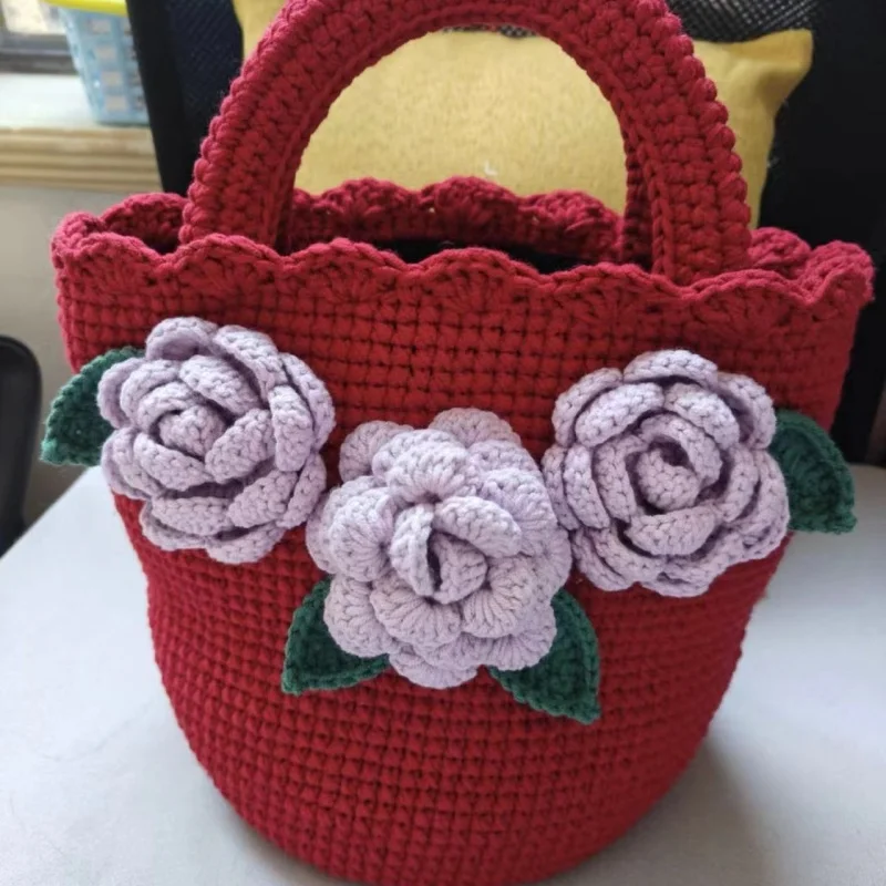 Exquisite and cute small basket, hand woven three-dimensional camellia wrist bag, mobile phone miscellaneous storage bag