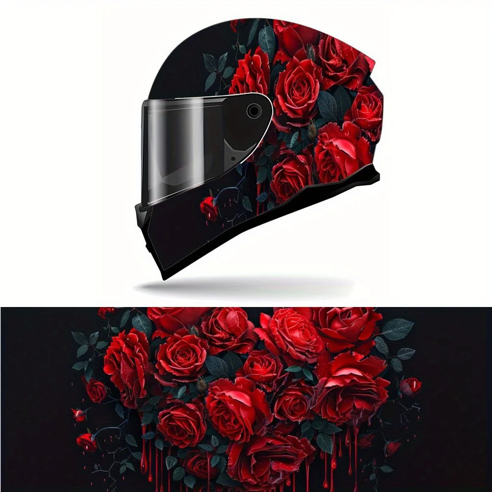 

Bloody Red Rose Cluster PVC Motorcycle Helmet Vinyl Wrap, Self-Adhesive Waterproof Sticker, Anti-Scratch Decorative Film for Ful